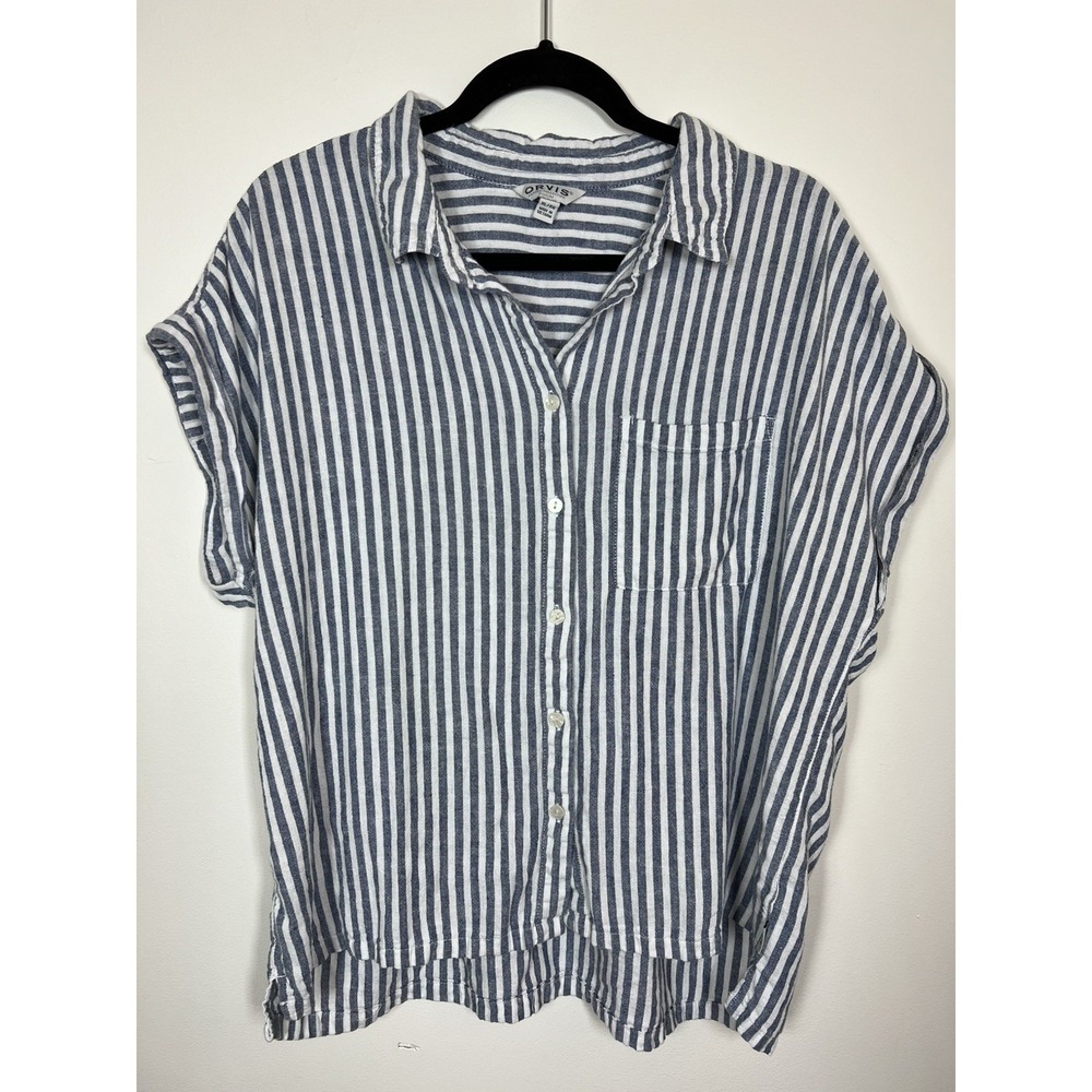 Orvis Womens XL Blue White Stripe Linen Blend Button Front Shirt Top Coastal